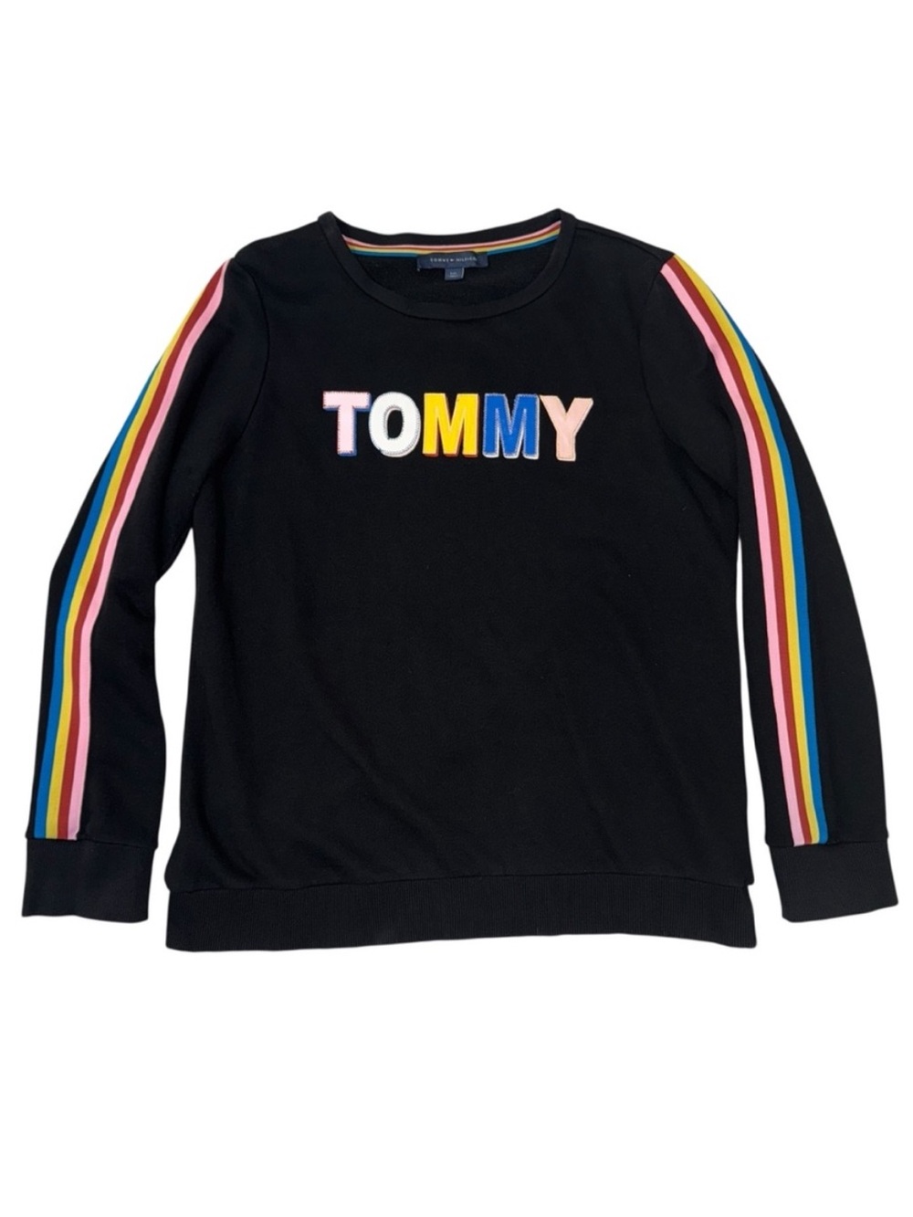 Tommy Hilfiger Logo Patchwork Letter Sweatshirt Women’s Large Rainbow Stripe